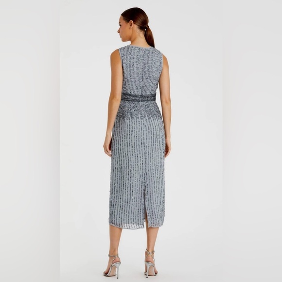 NWT | Mac Duggal A10509 Platinum Gray Sleeveless Beaded Midi Dress Size 4 - Picture 4 of 12
